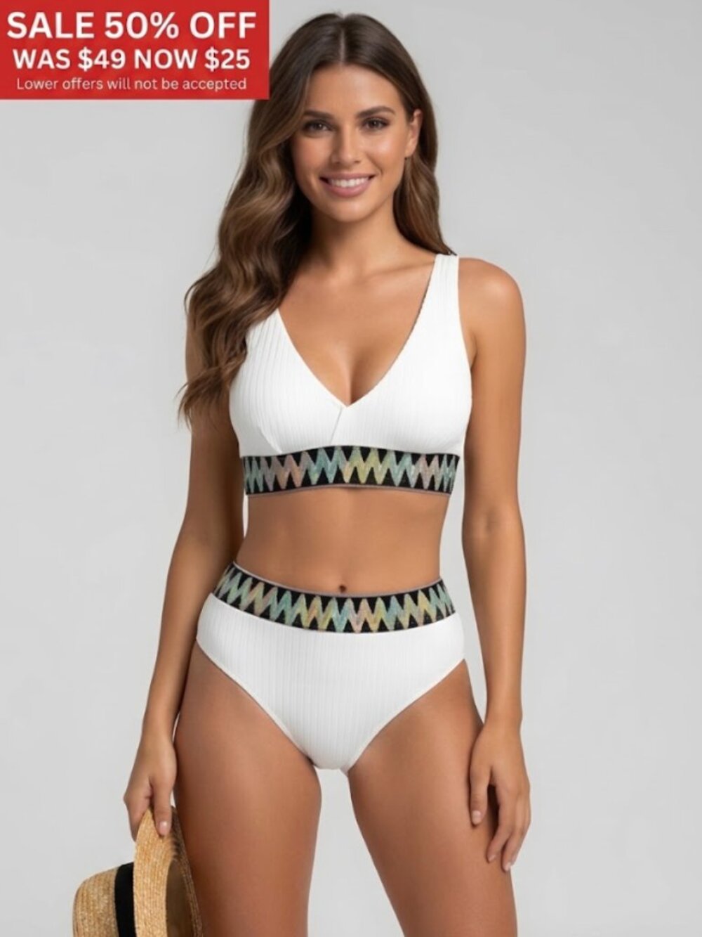 White Chevron Trim High Waisted Bikini Set - Ribbed V-Neck Two-Piece